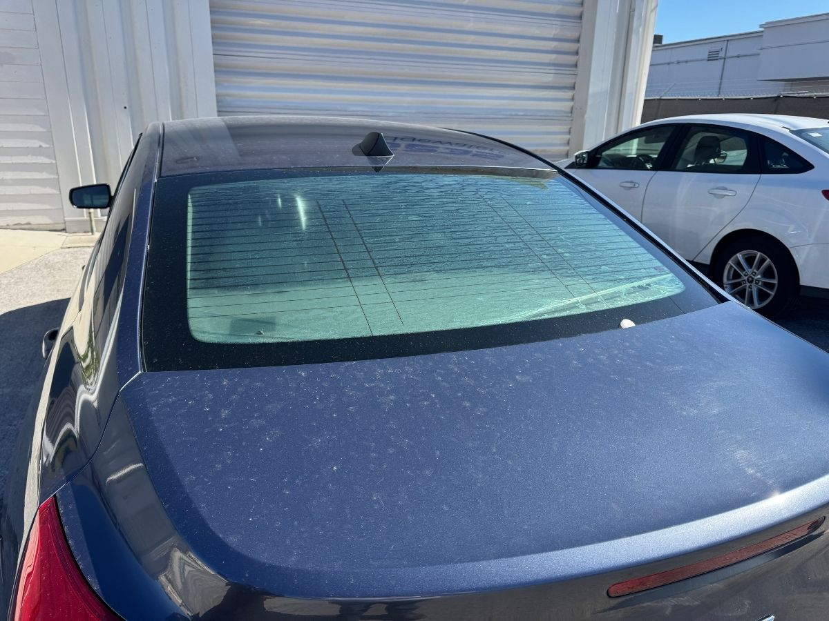 Rear car window with faded and discolored tint film showing age and sun damage before replacement at Planet Car Care Orlando.